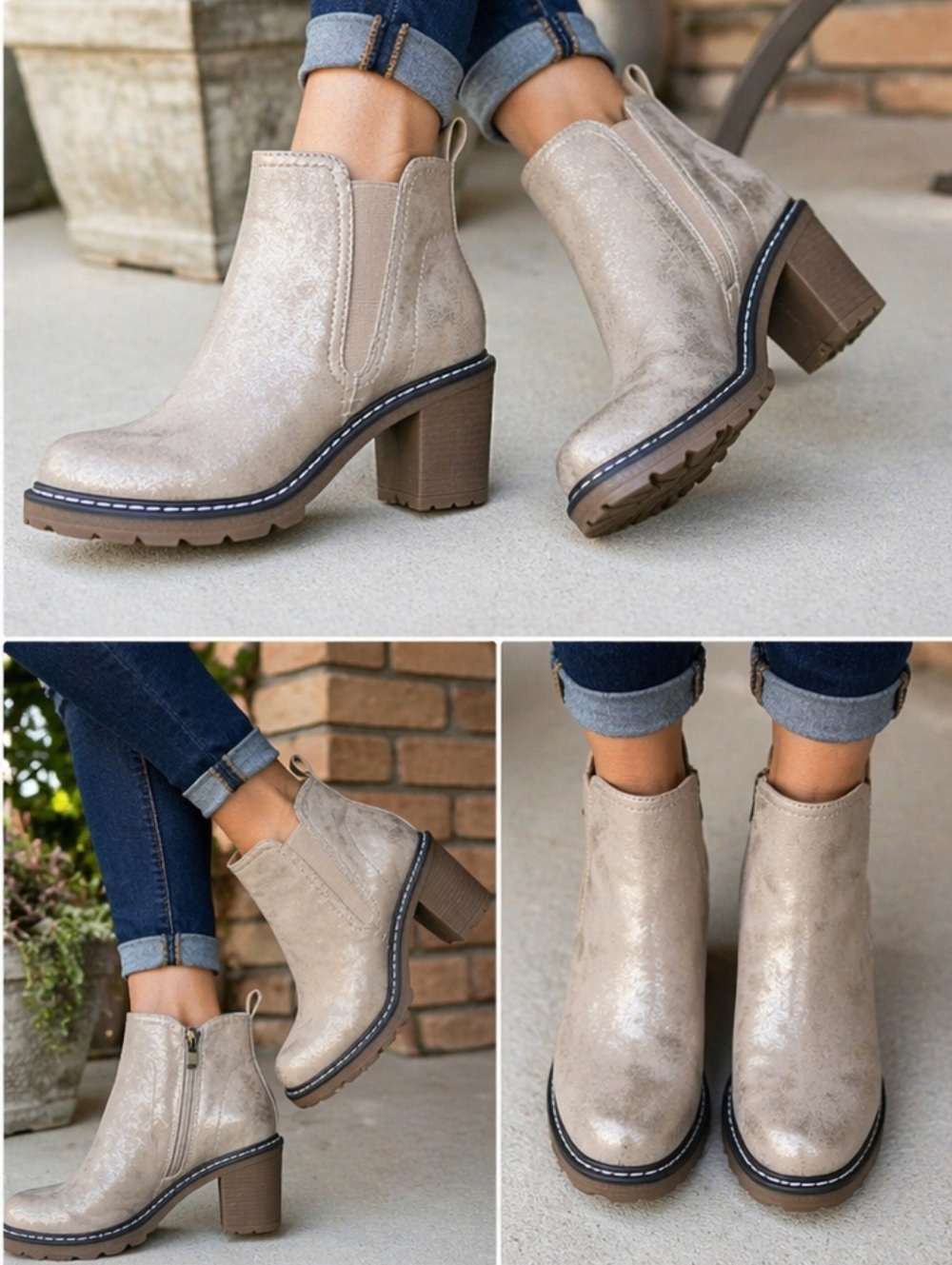 Corkys Bite Metallic Taupe Lug Sole Heel Ankle Booties Size 8